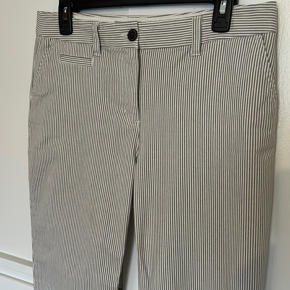 Boden grey cream pinstripe flat front twill pants. Straight leg. 8R.  Like new.